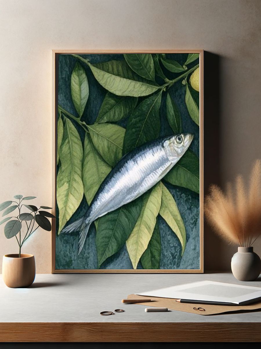 Silver Fish and Leaves Botanical Print. — room view 2