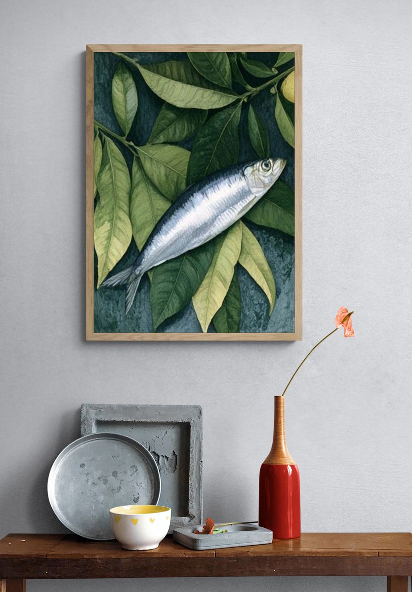 Silver Fish and Leaves Botanical Print. — room view 3