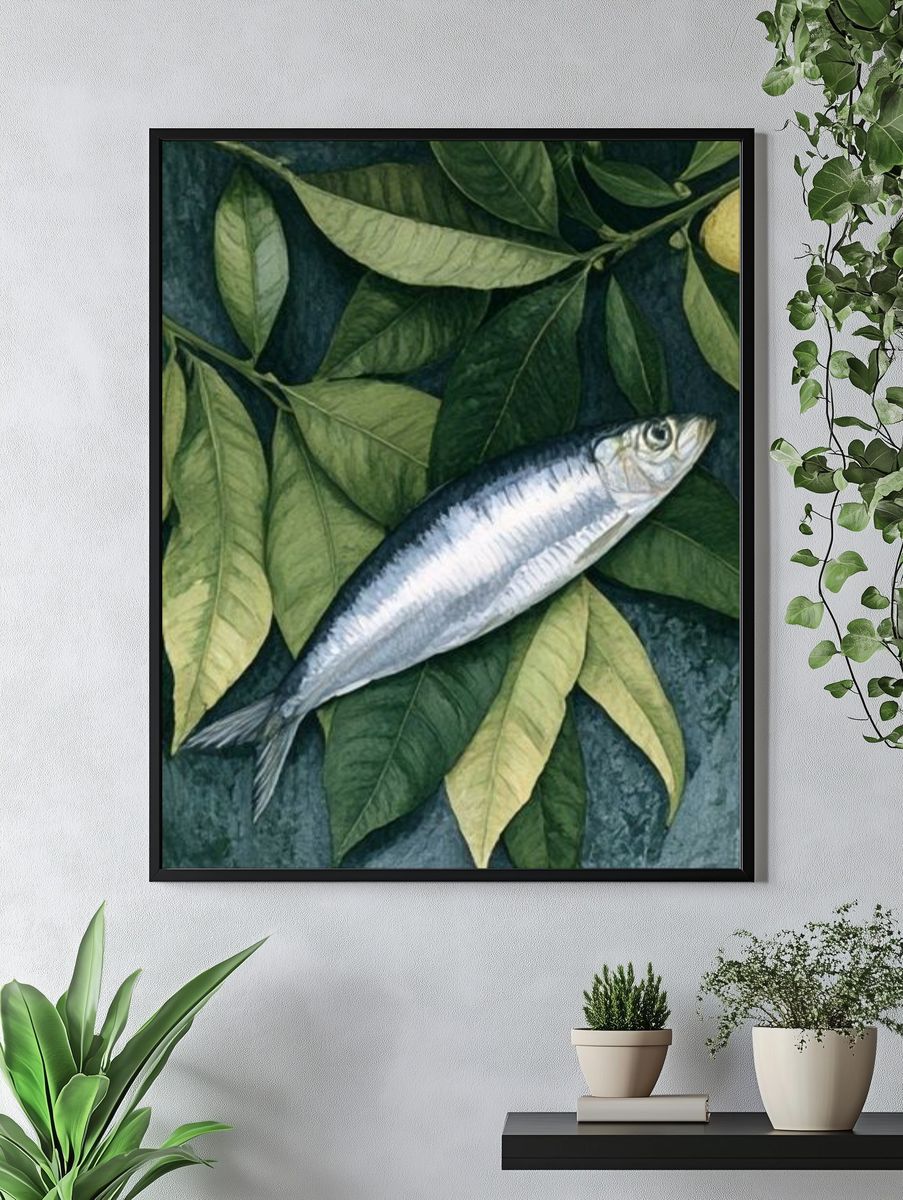 Silver Fish and Leaves Botanical Print. — room view 4