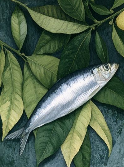 Silver Fish and Leaves Botanical Print.