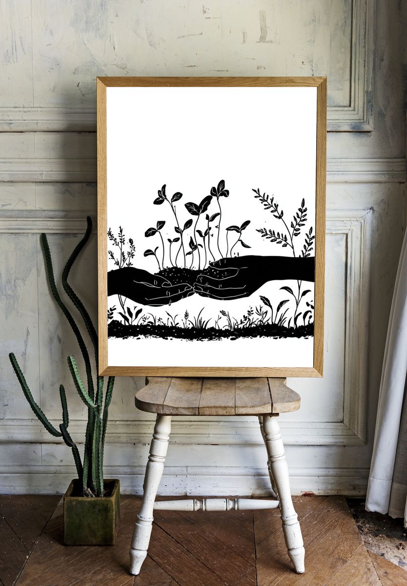 Hands Nurturing Seedlings Illustration Poster. room preview