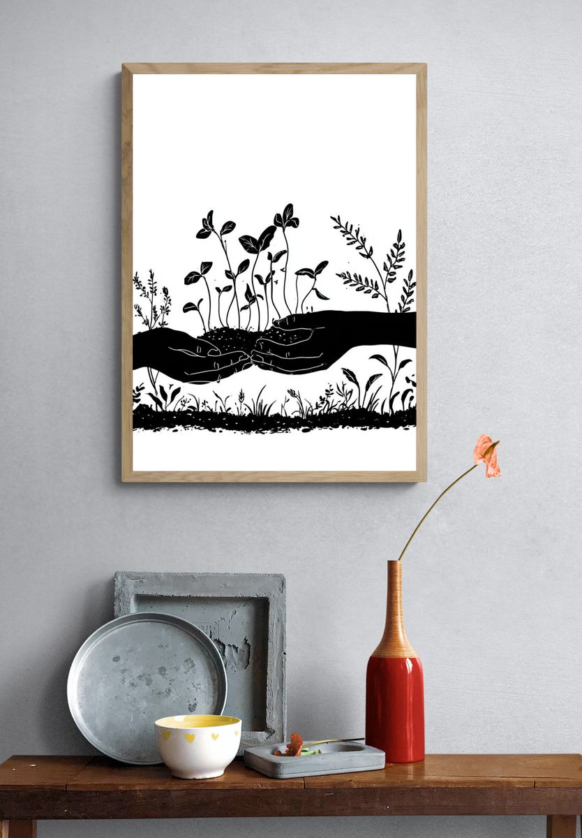 Hands Nurturing Seedlings Illustration Poster. — room view 3
