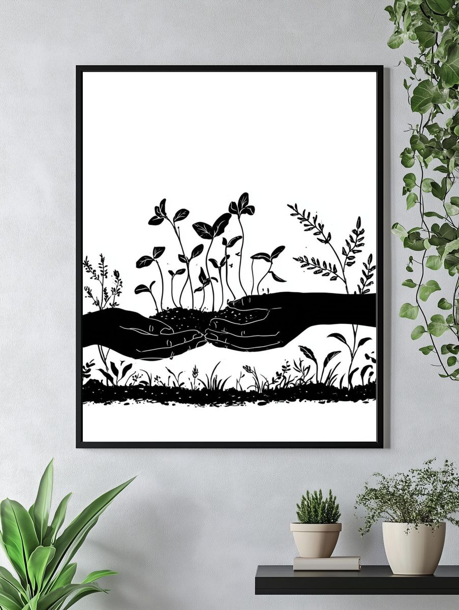 Hands Nurturing Seedlings Illustration Poster. — room view 4