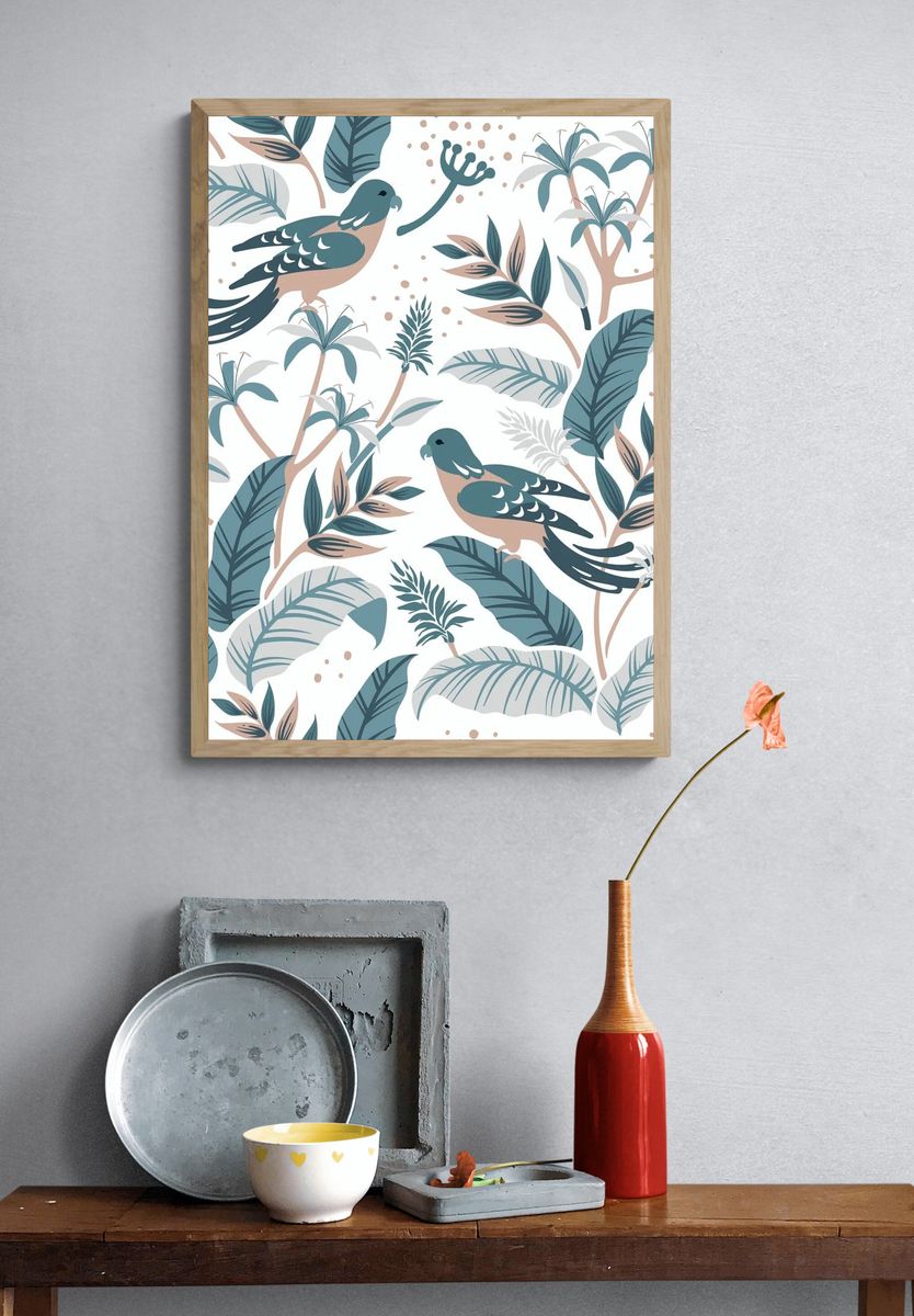Pastel birds nature seamless patterned. — room view 3