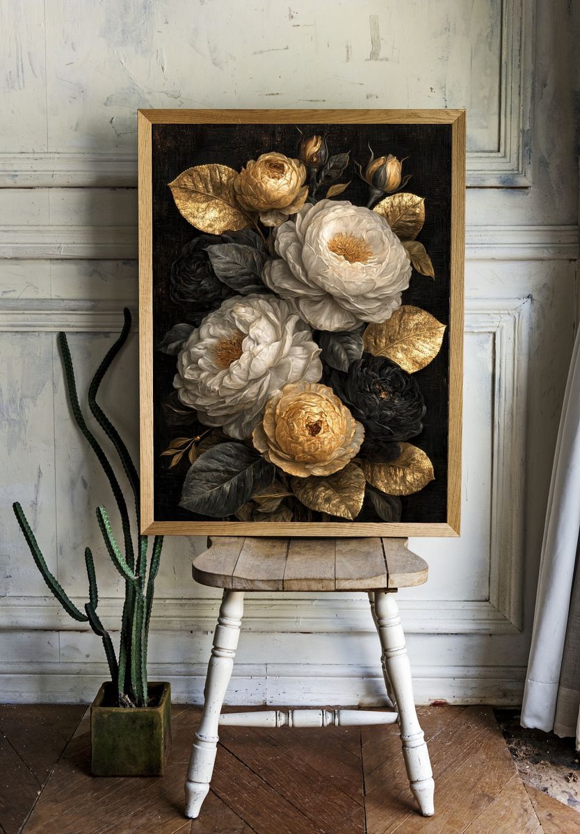 Golden Roses Botanical Print. — room view 1