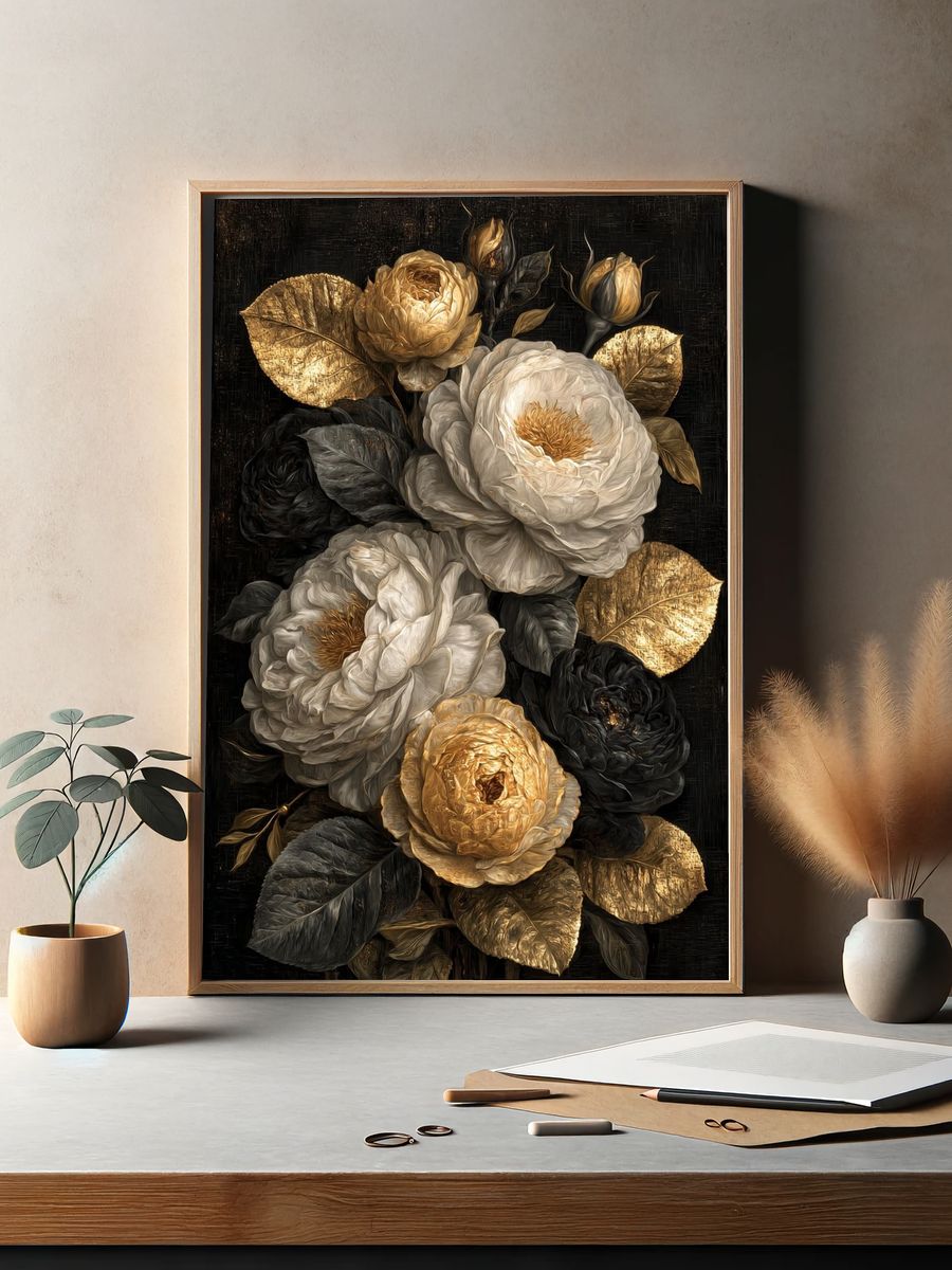 Golden Roses Botanical Print. — room view 2