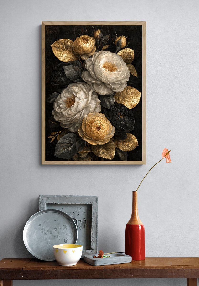 Golden Roses Botanical Print. — room view 3