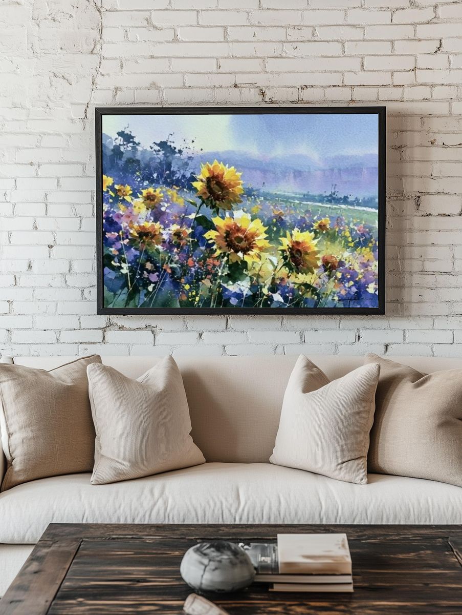Sunflower Meadow Watercolor Print. room preview