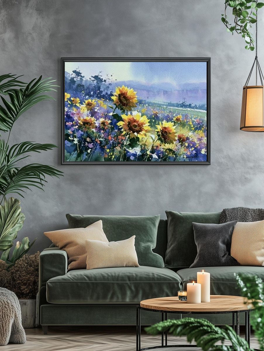 Sunflower Meadow Watercolor Print. — room view 4
