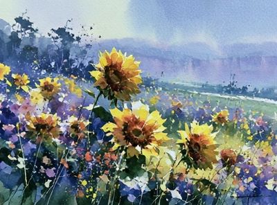 Sunflower Meadow Watercolor Print.