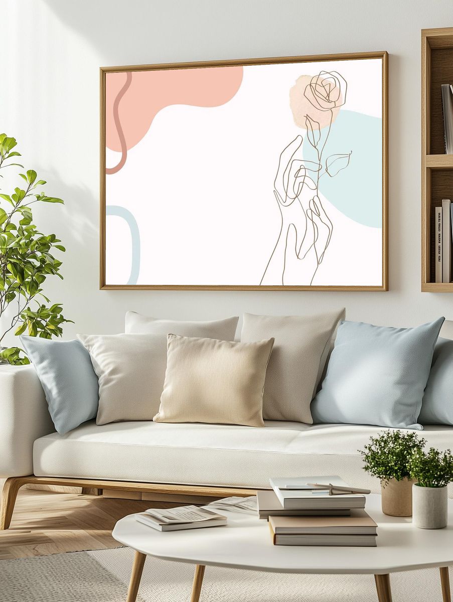 Hand & rose line art. — room view 2