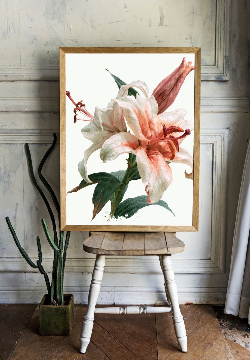 Blooming Lily Botanical Print. room preview