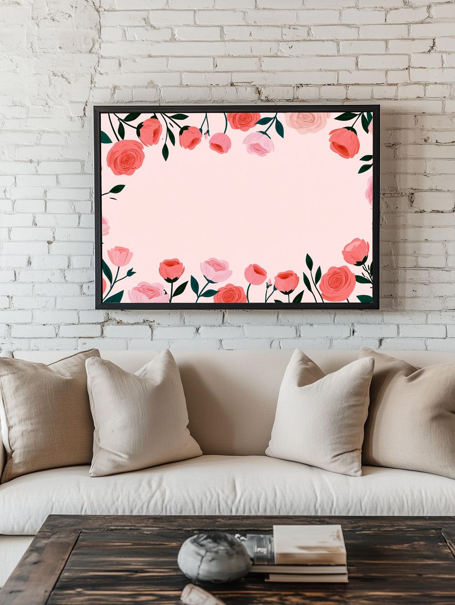 Pink Floral Border Botanical Print. room preview