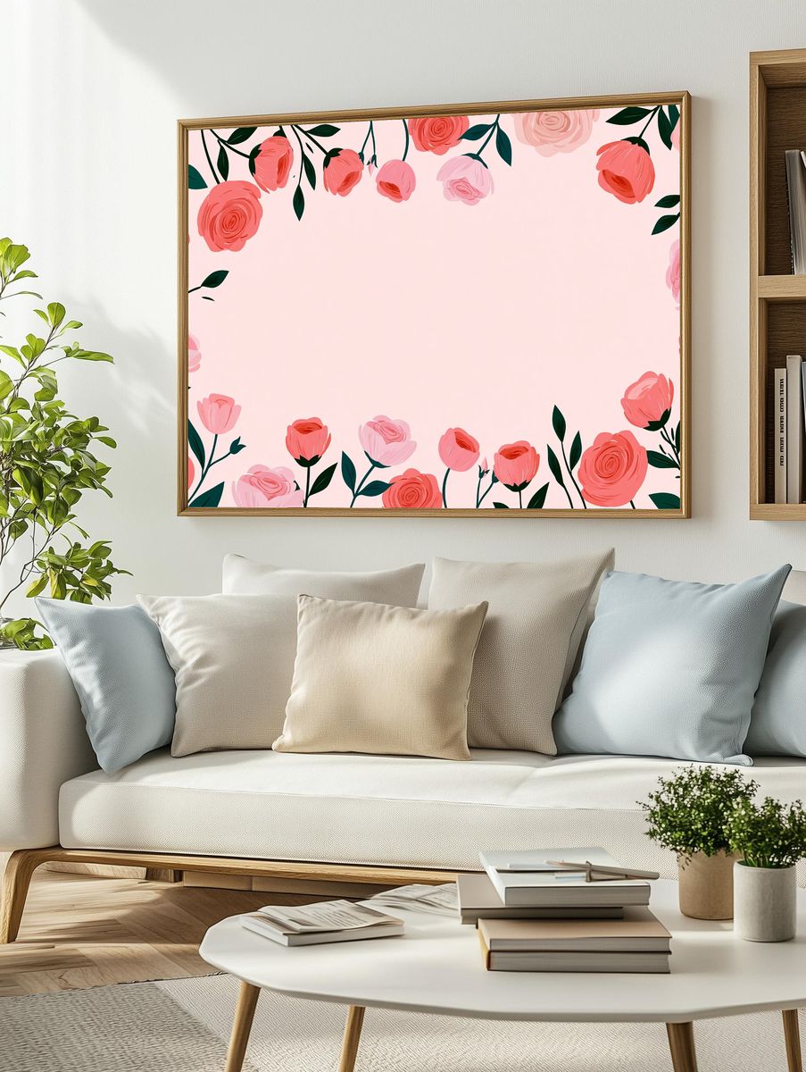 Pink Floral Border Botanical Print. — room view 2