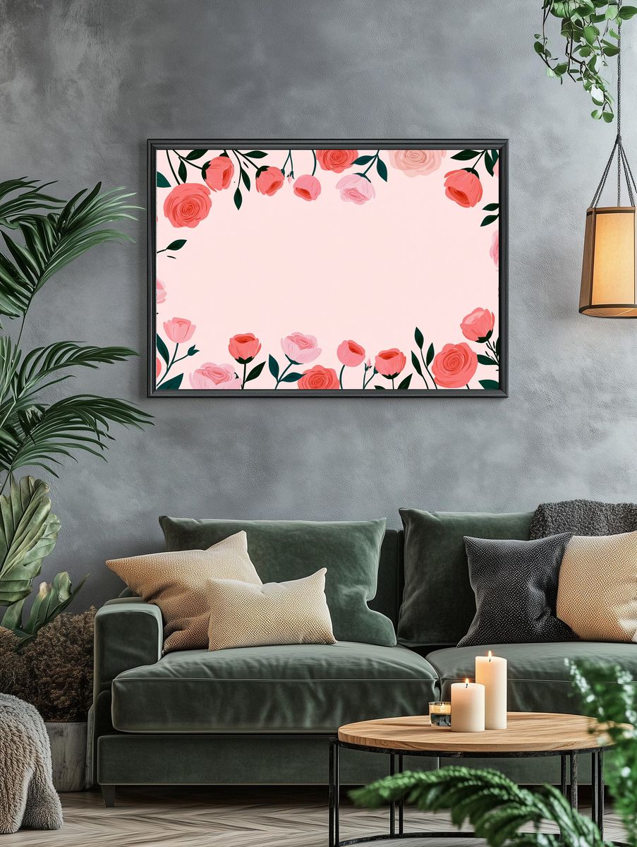 Pink Floral Border Botanical Print. — room view 4