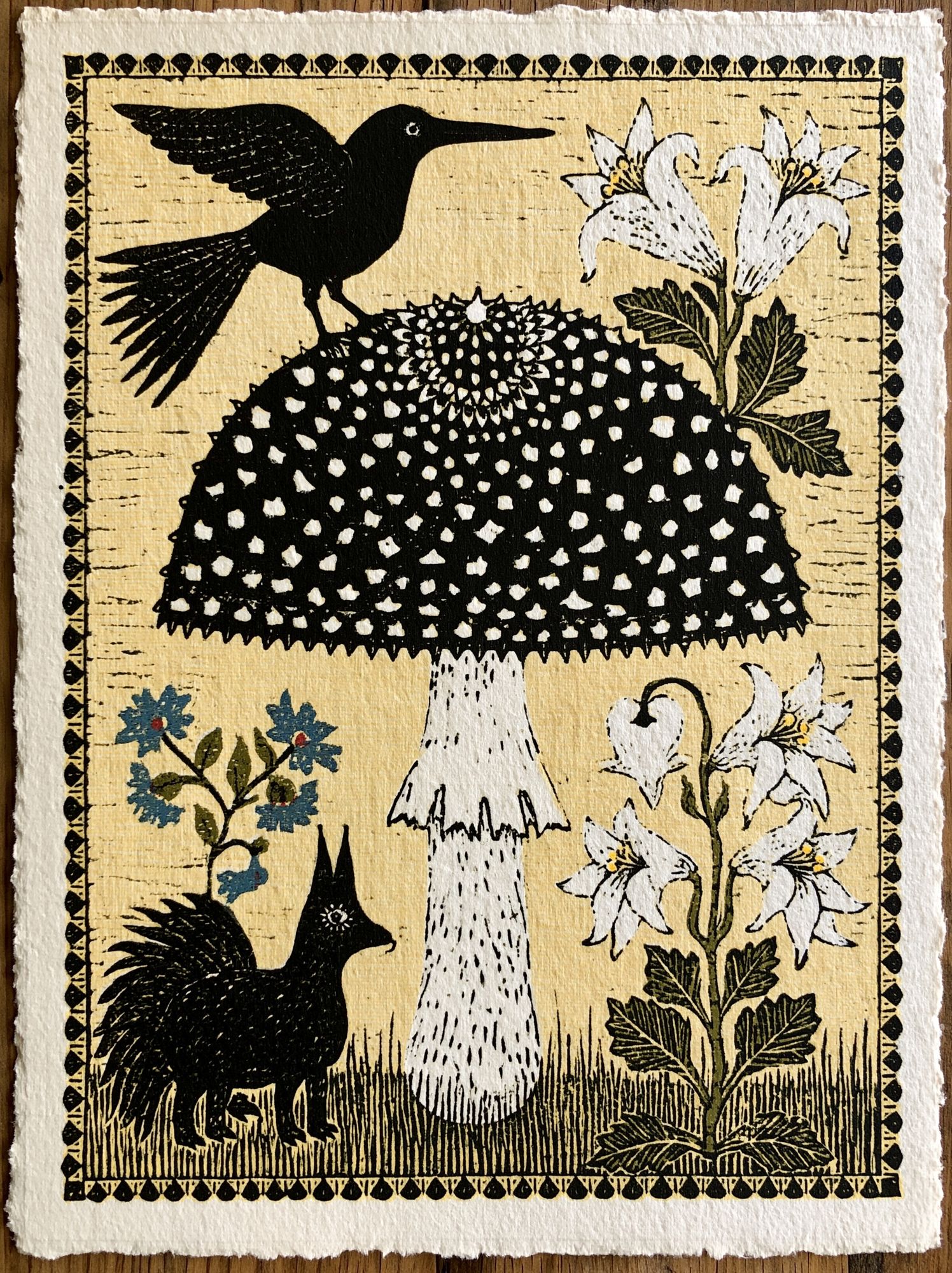 Blackbird and Lily Folk Art Poster. poster detail