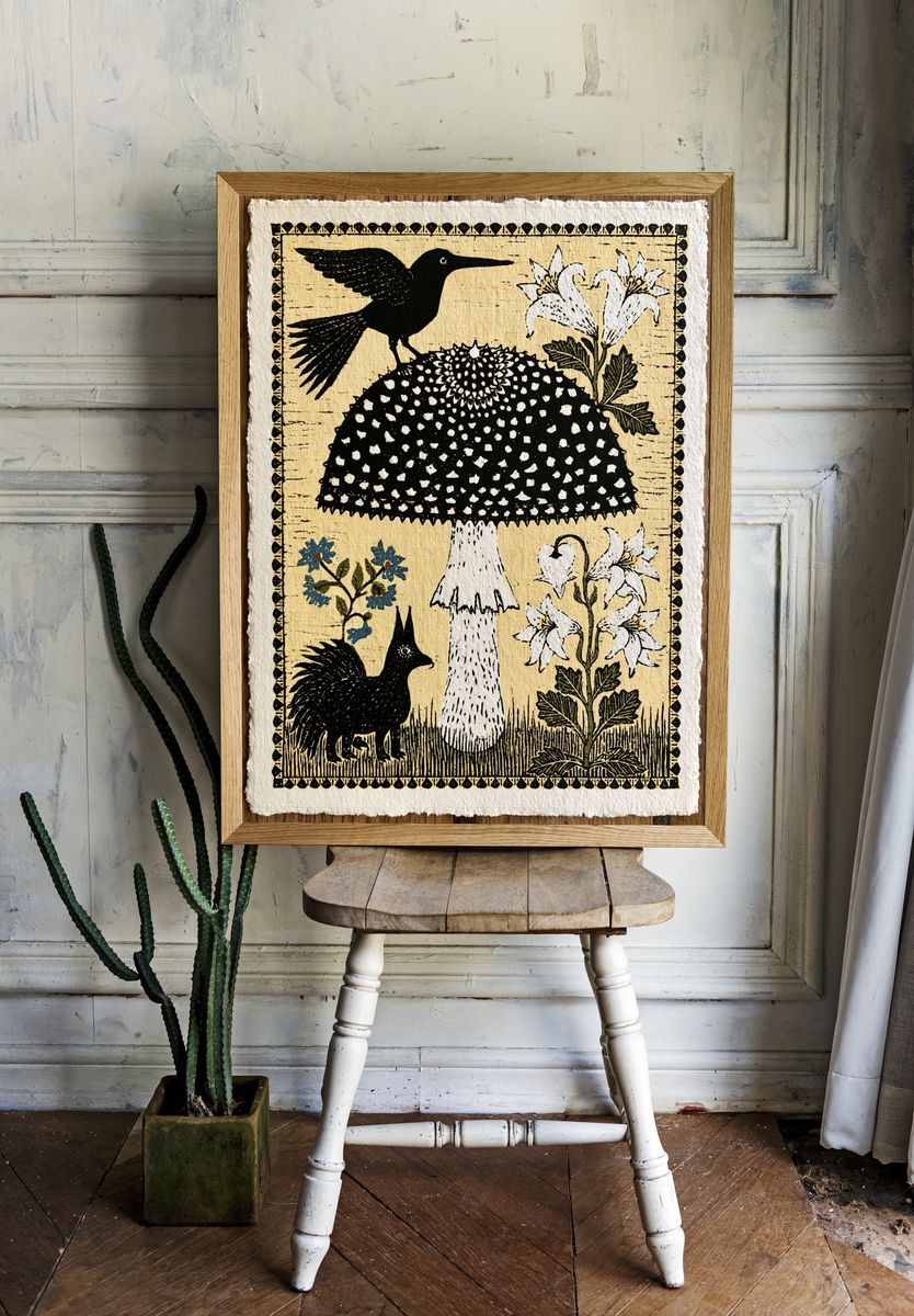Blackbird and Lily Folk Art Poster. — room view 1
