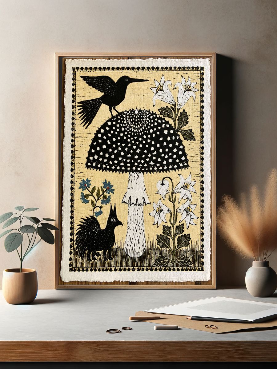 Blackbird and Lily Folk Art Poster. — room view 2