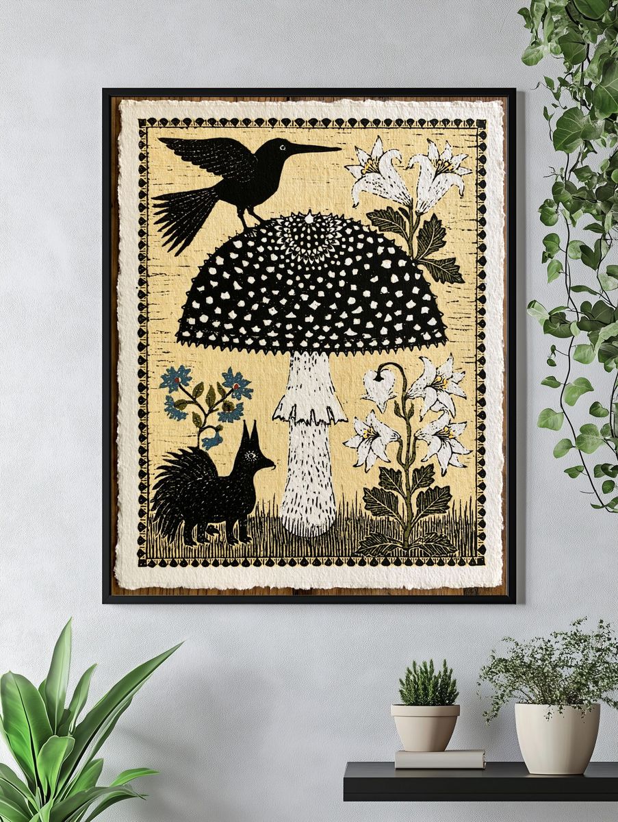 Blackbird and Lily Folk Art Poster. — room view 4