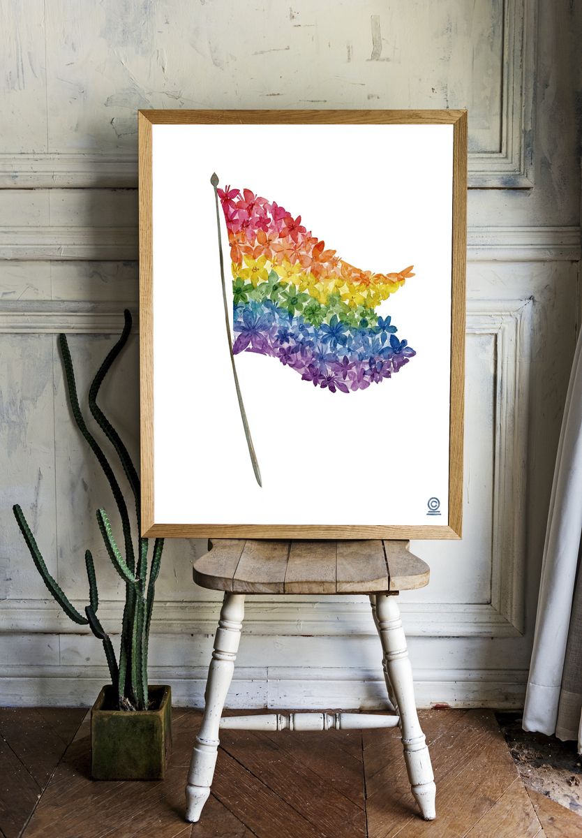 Rainbow Floral Flag Watercolor Print. — room view 1