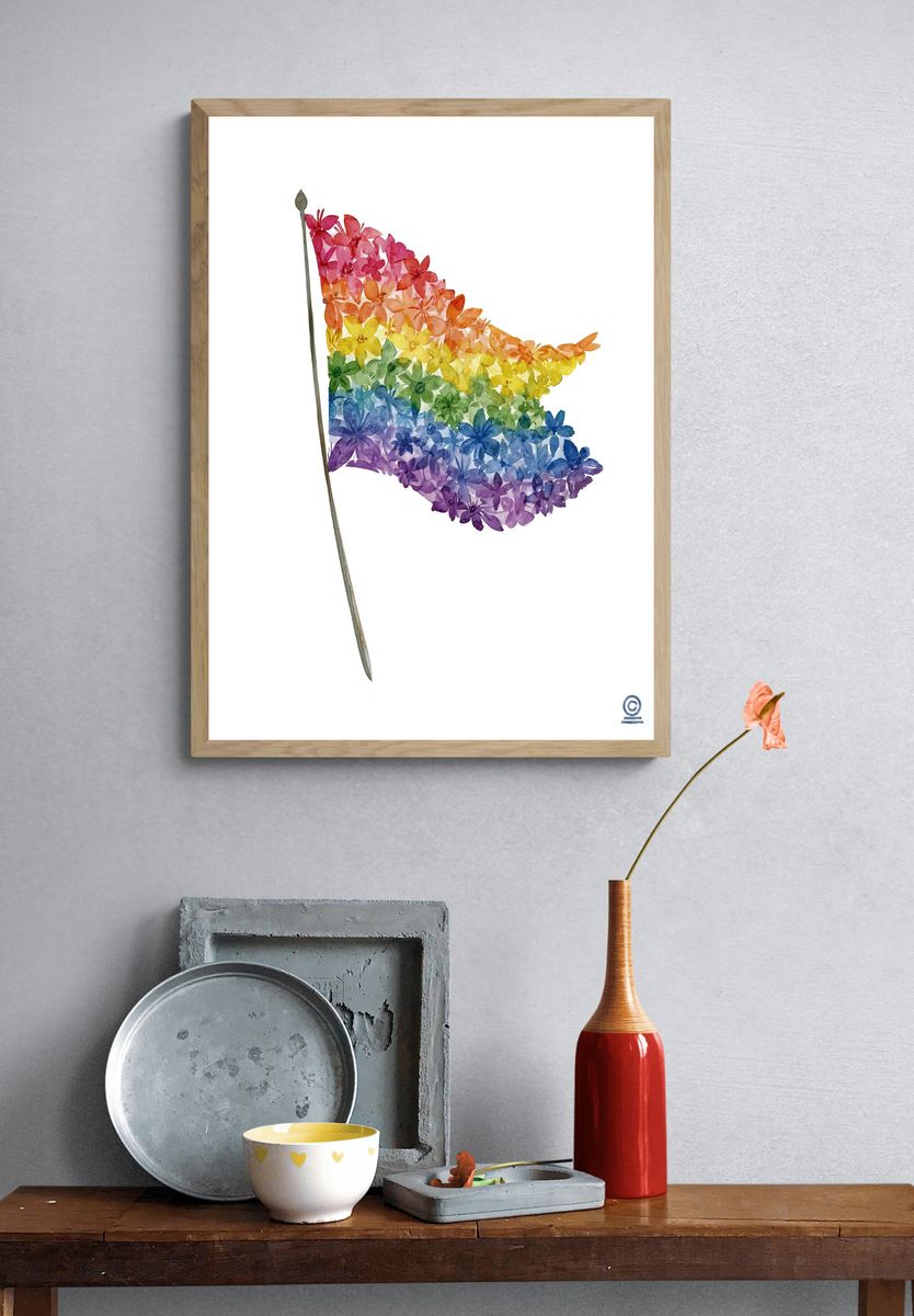 Rainbow Floral Flag Watercolor Print. — room view 3