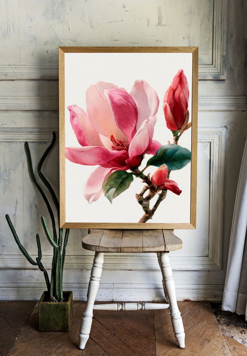 Pink Magnolia Watercolor Print. room preview