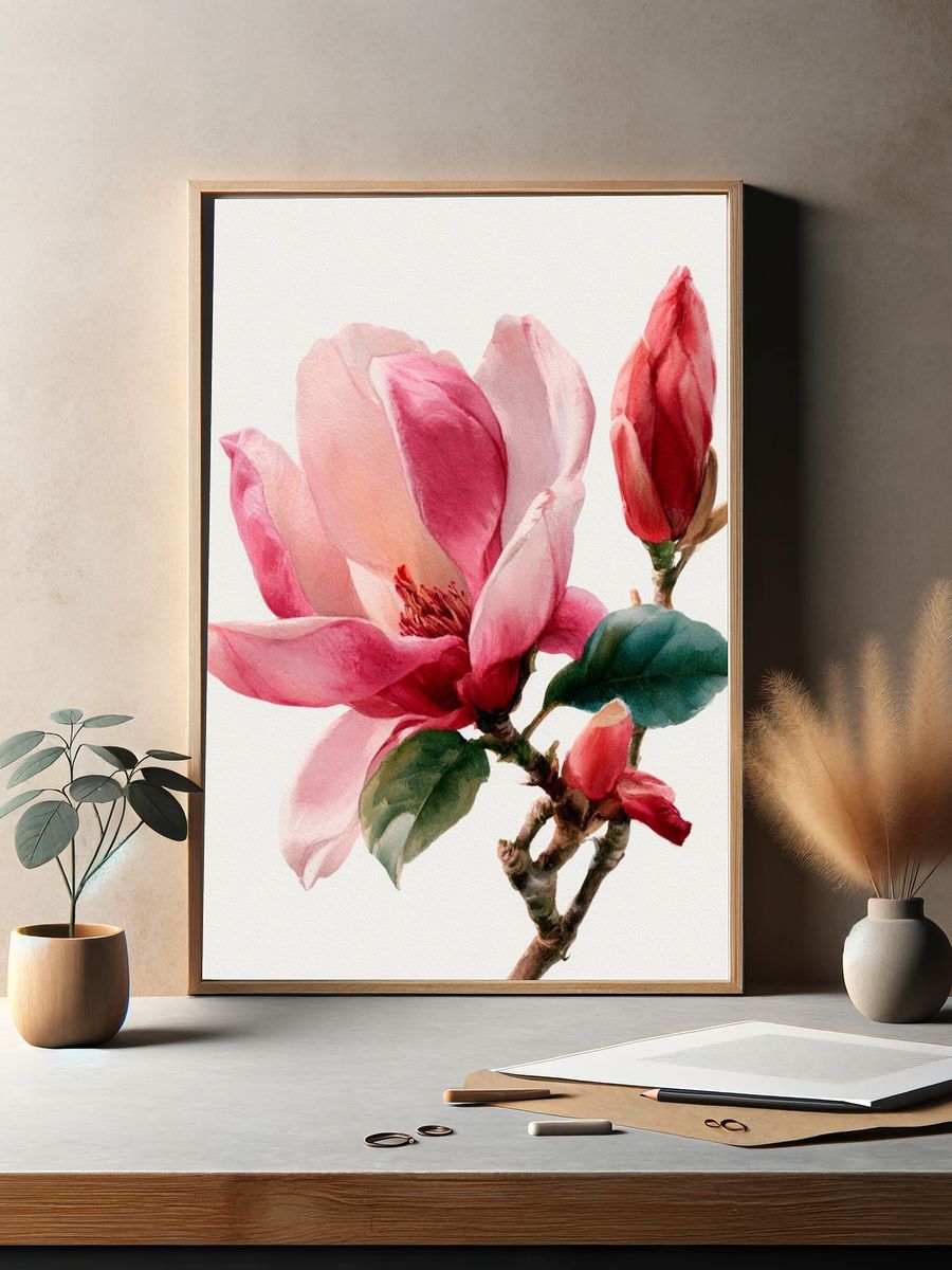 Pink Magnolia Watercolor Print. — room view 2