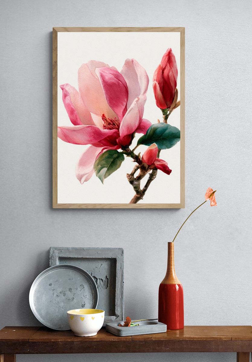 Pink Magnolia Watercolor Print. — room view 3
