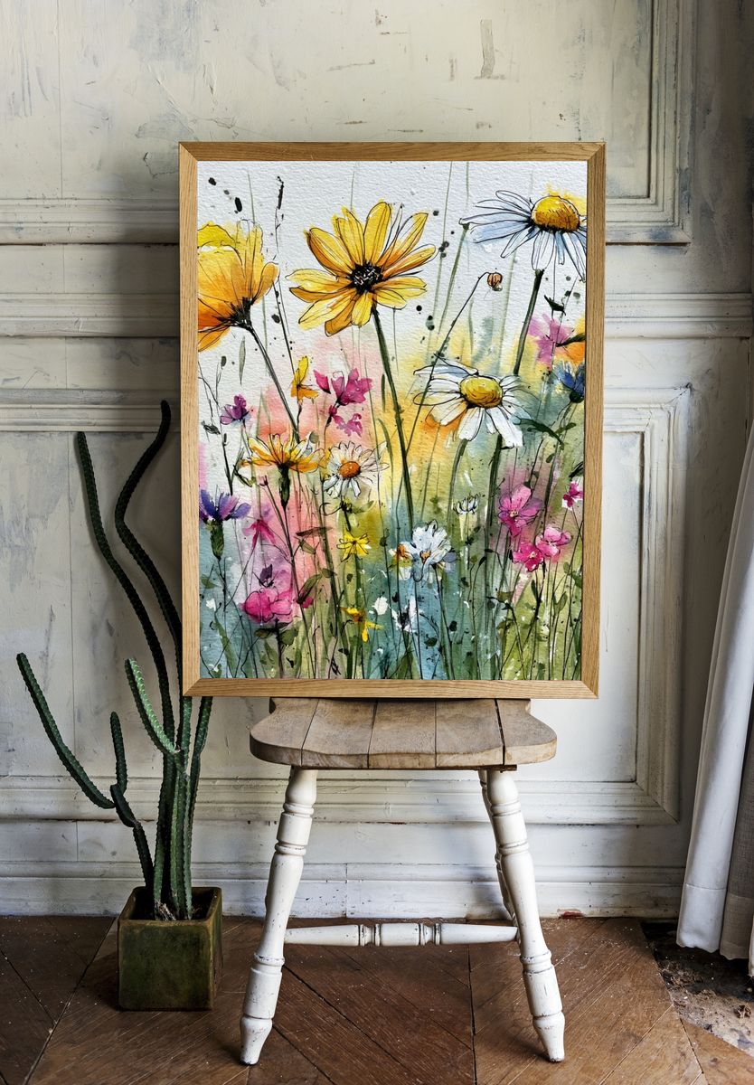 Wildflower Meadow Watercolor Print. room preview