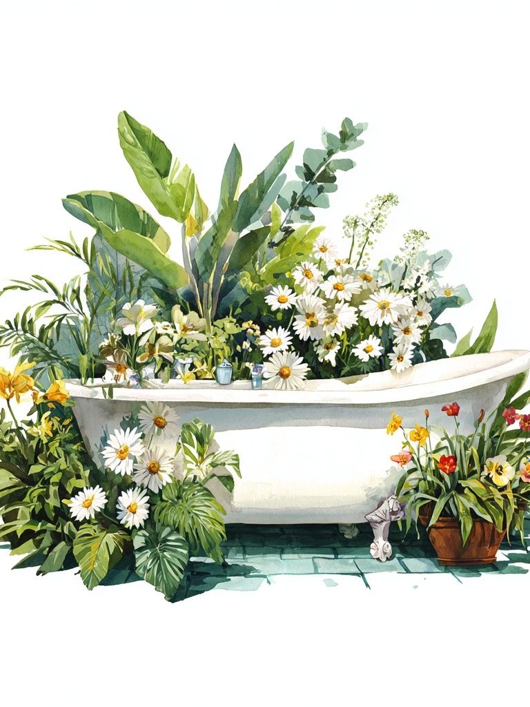 Botanical Bathtub Watercolor Poster. poster detail
