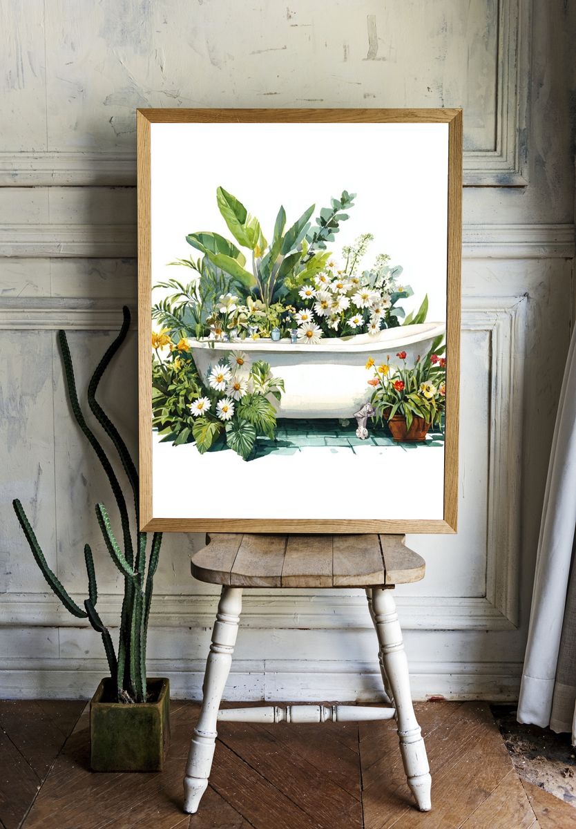 Botanical Bathtub Watercolor Poster. — room view 1