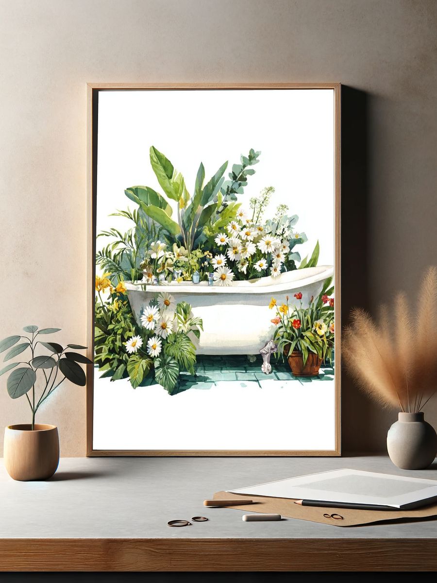 Botanical Bathtub Watercolor Poster. — room view 2
