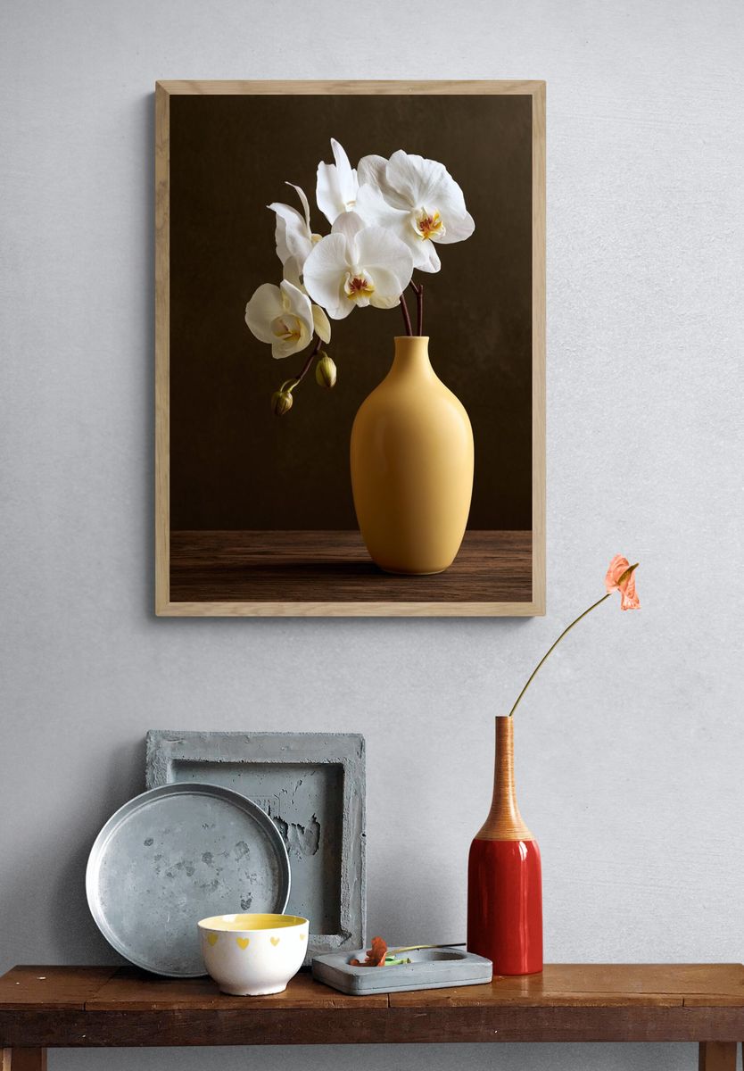 White Orchid Still Life Poster. — room view 3