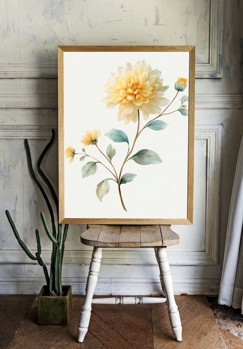 Yellow Dahlia Watercolor Print. — room view 1