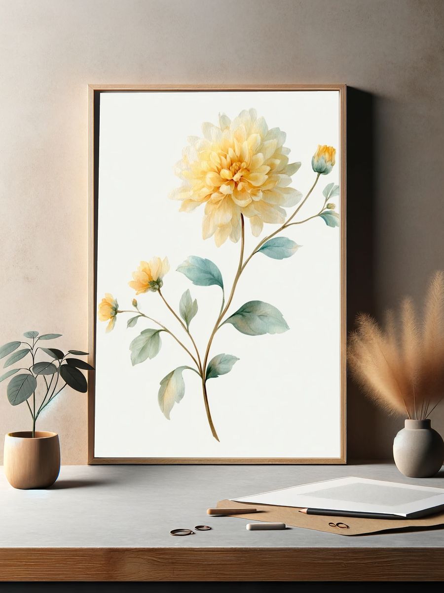 Yellow Dahlia Watercolor Print. — room view 2