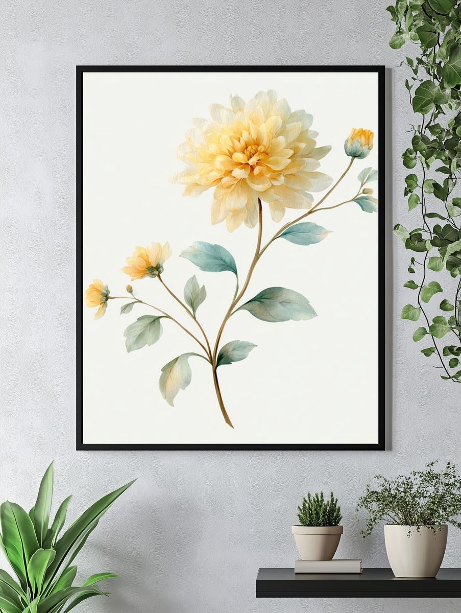 Yellow Dahlia Watercolor Print. — room view 4