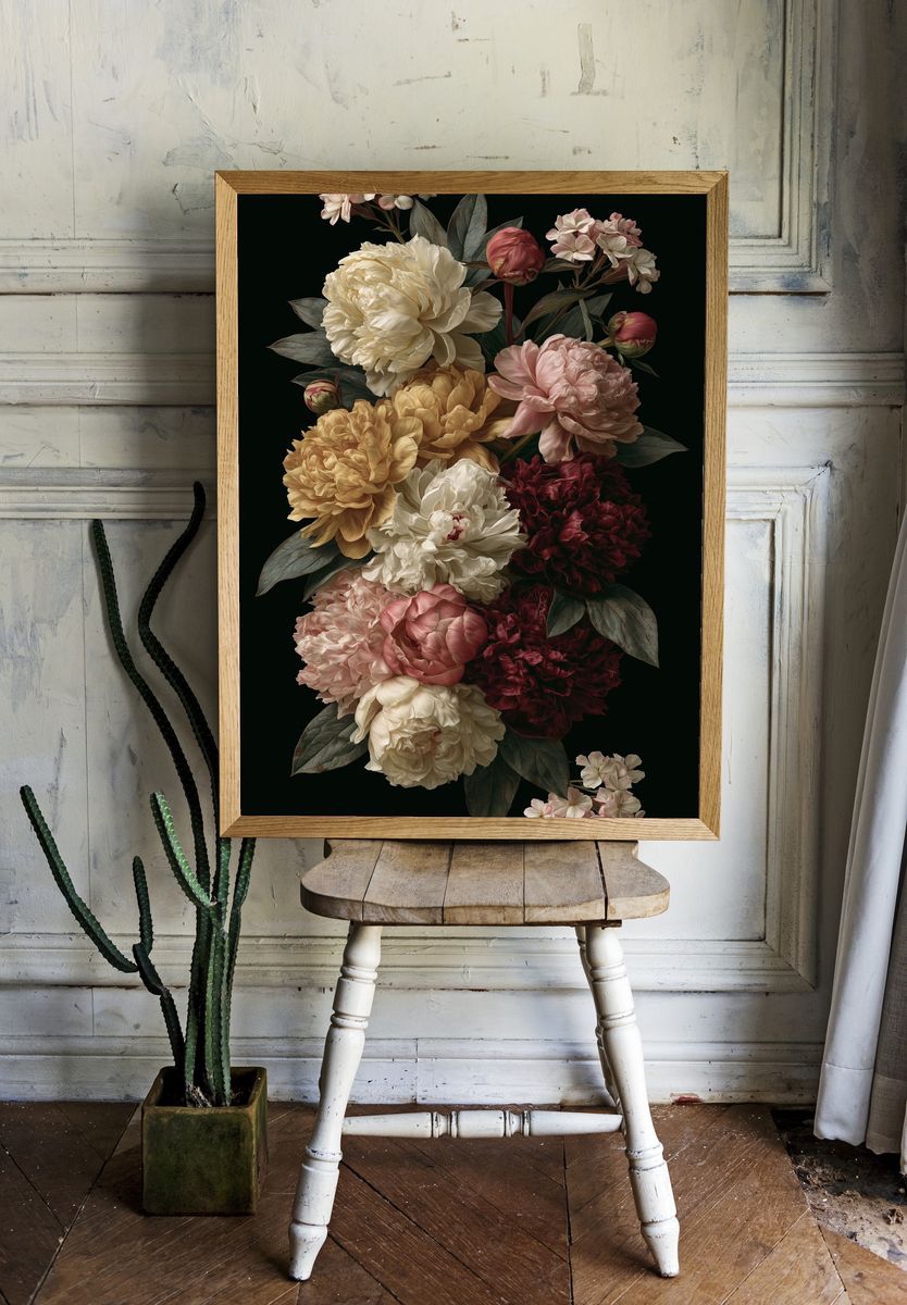 Peony Bouquet Botanical Print. room preview