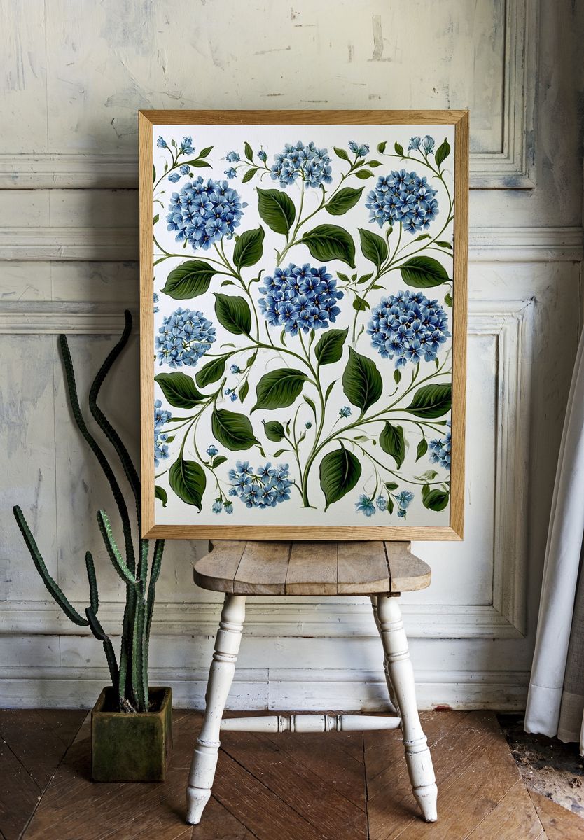 Blue Hydrangea Botanical Print. room preview