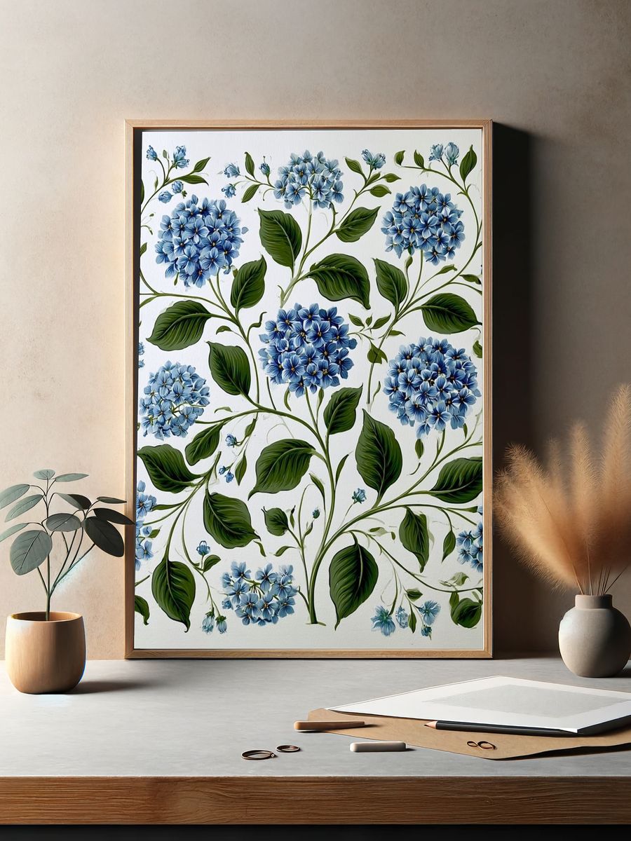Blue Hydrangea Botanical Print. — room view 2