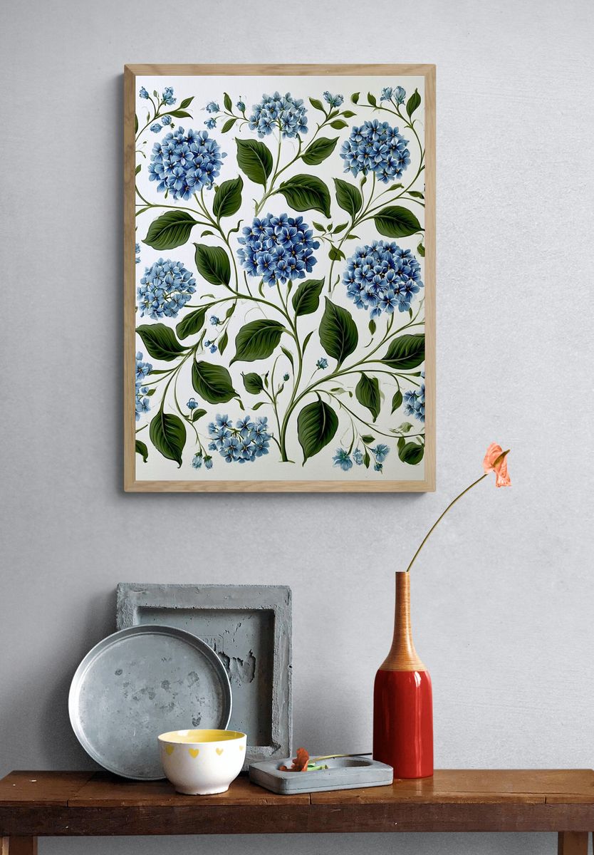 Blue Hydrangea Botanical Print. — room view 3