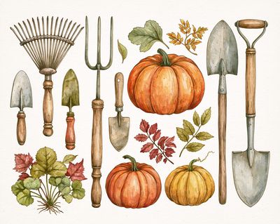Autumn Garden Tools Watercolor Print.