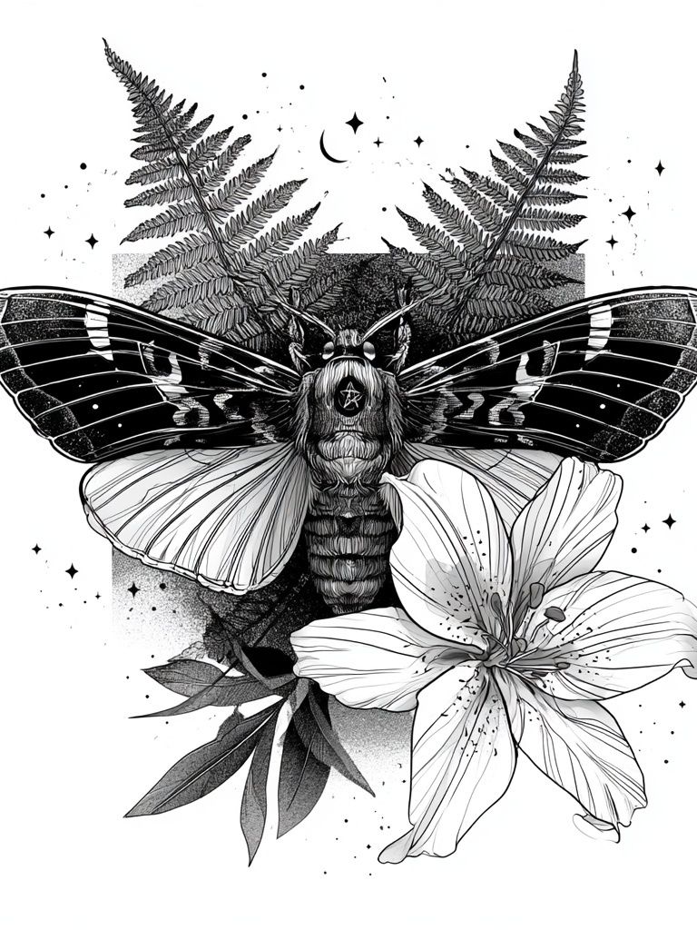 Moth and Lily Botanical Print. poster — botanical art