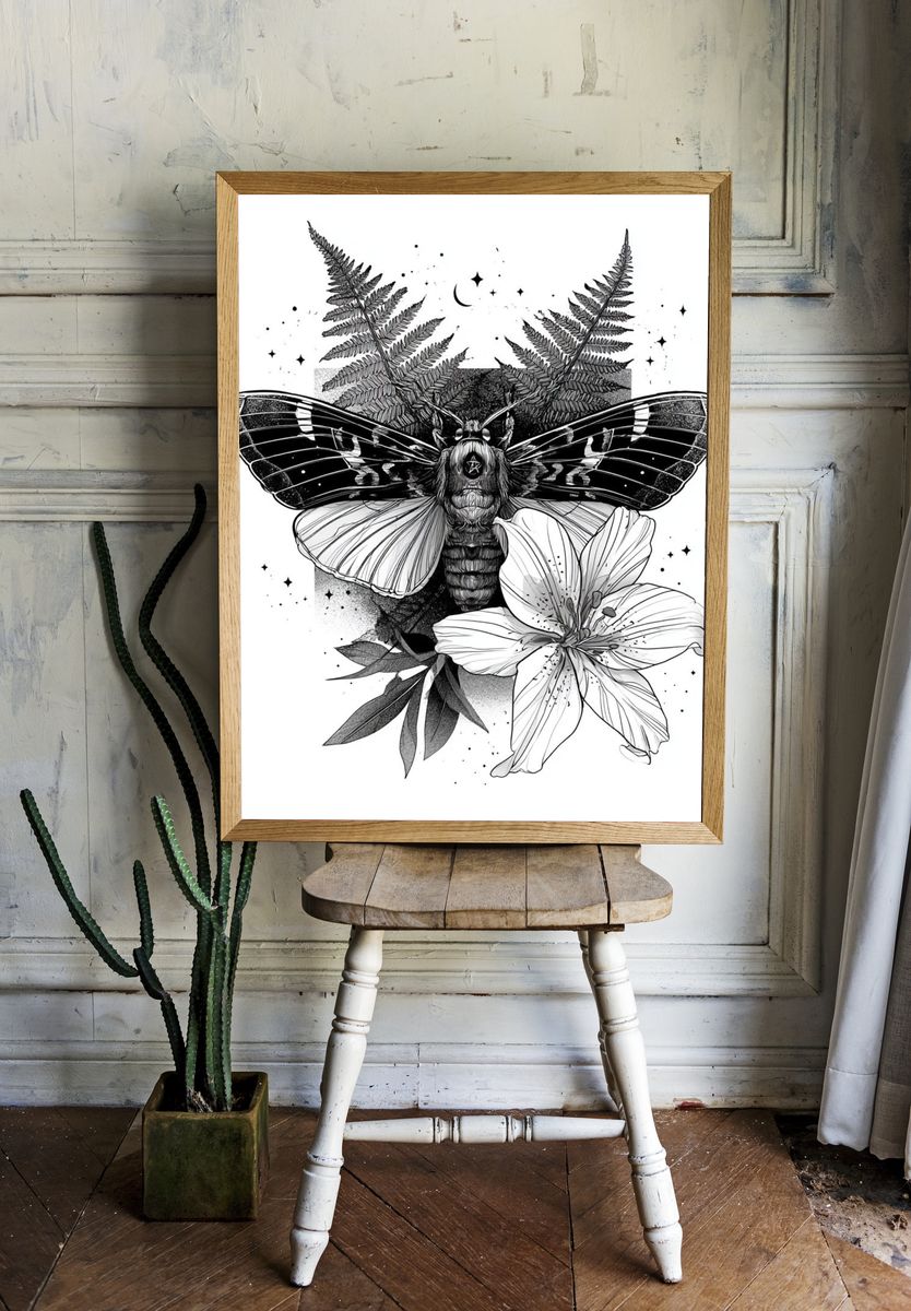 Moth and Lily Botanical Print. room preview