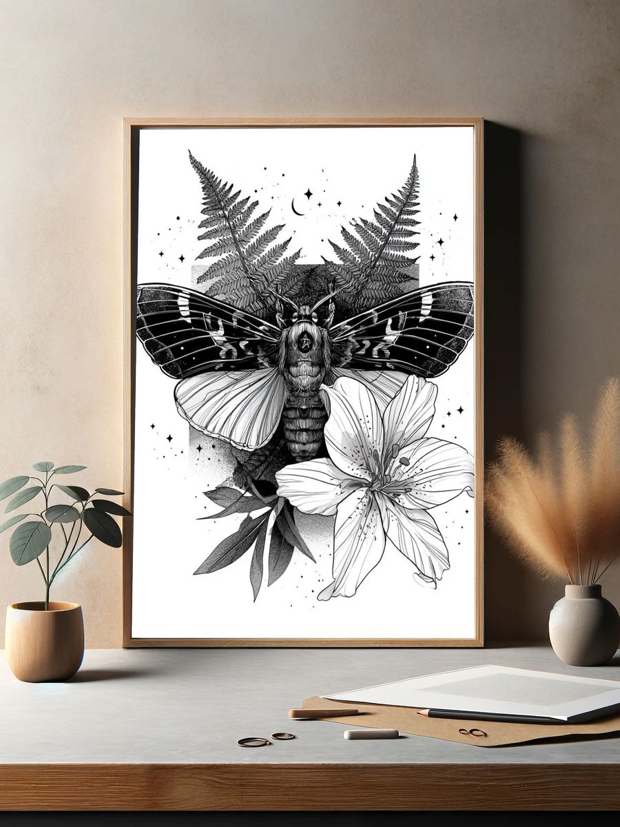 Moth and Lily Botanical Print. — room view 2