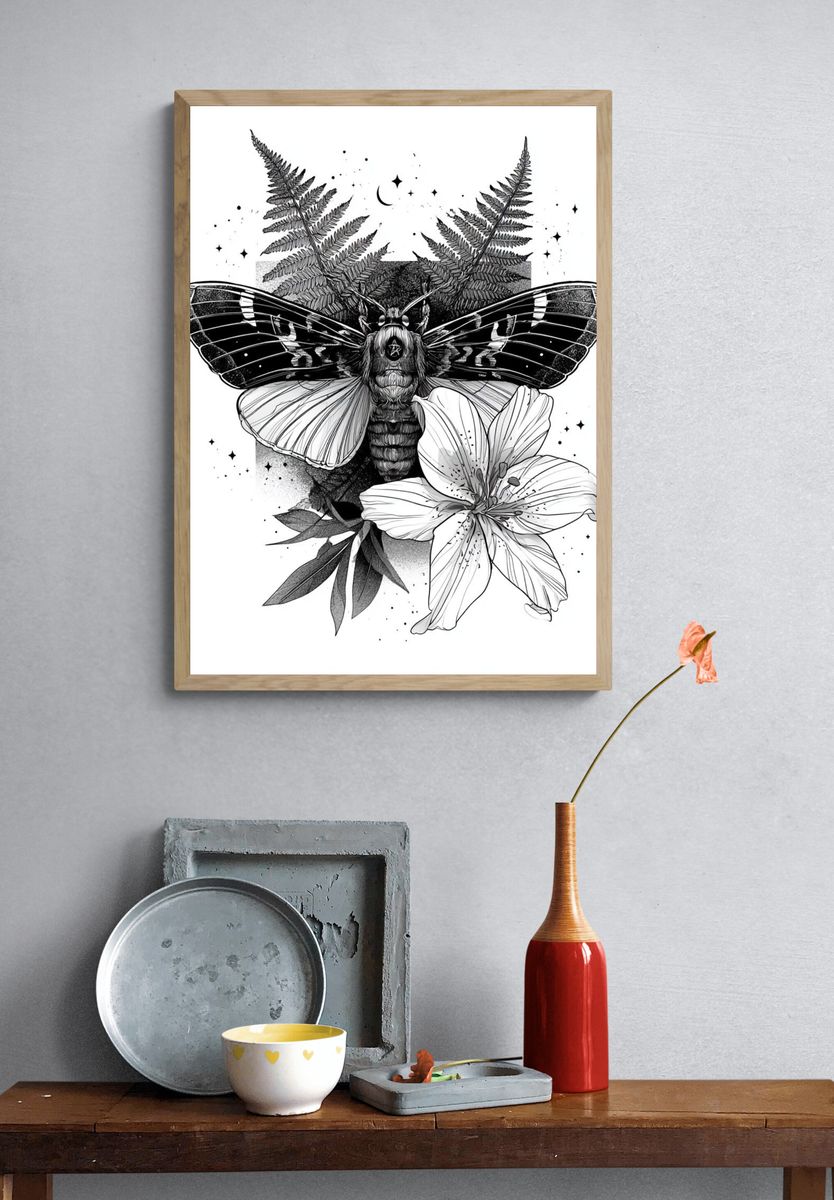 Moth and Lily Botanical Print. — room view 3