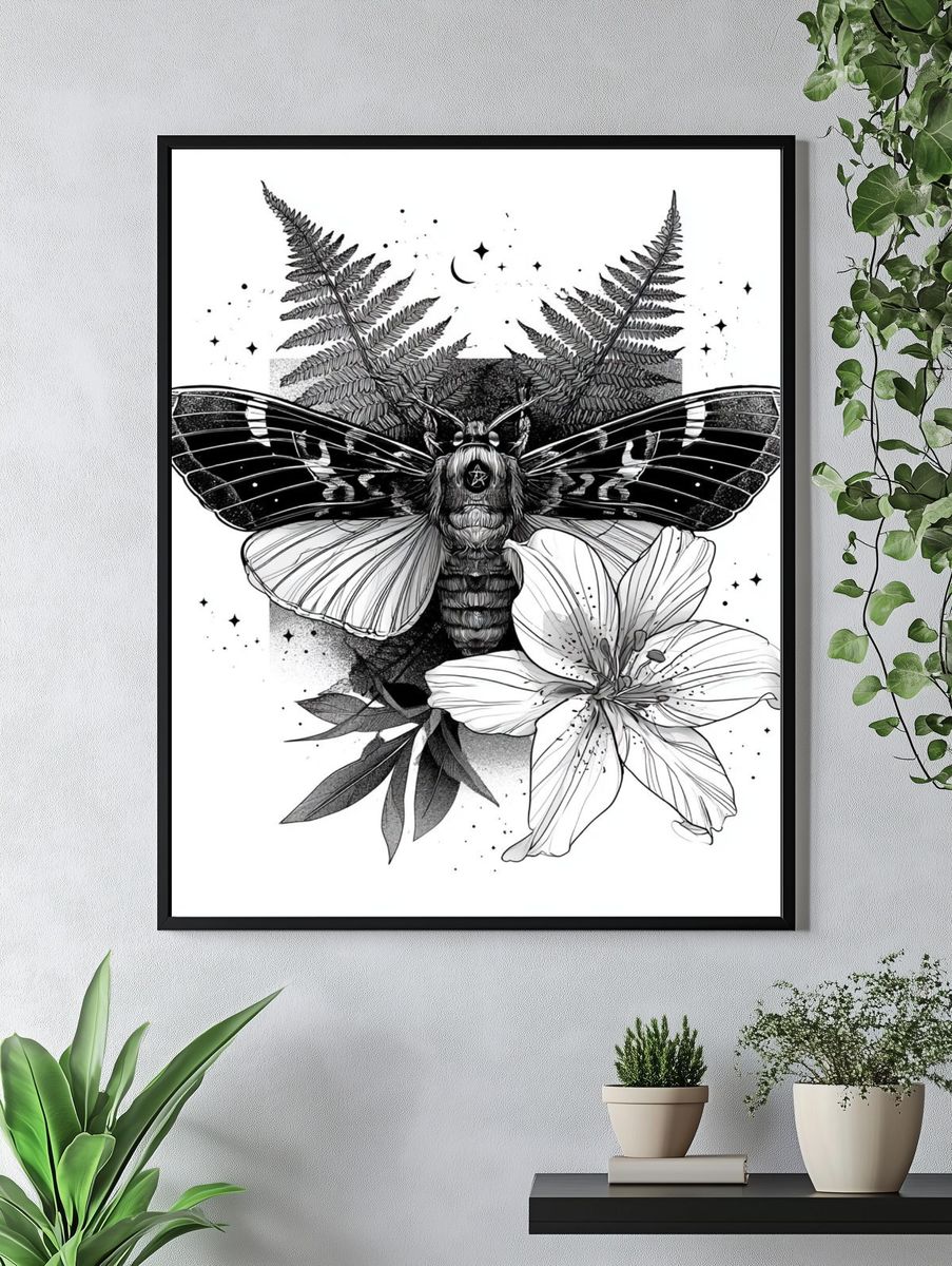 Moth and Lily Botanical Print. — room view 4