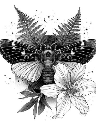 Moth and Lily Botanical Print.