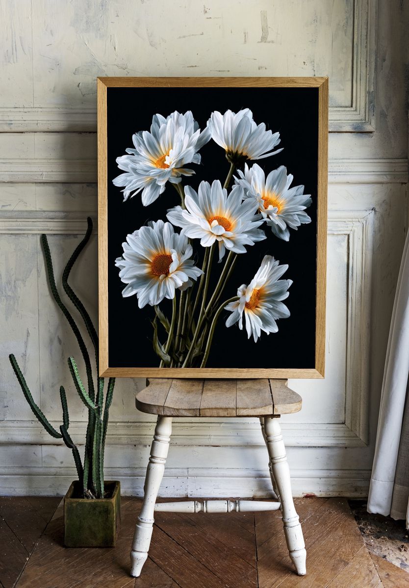 White Daisies on Black Background Poster. room preview