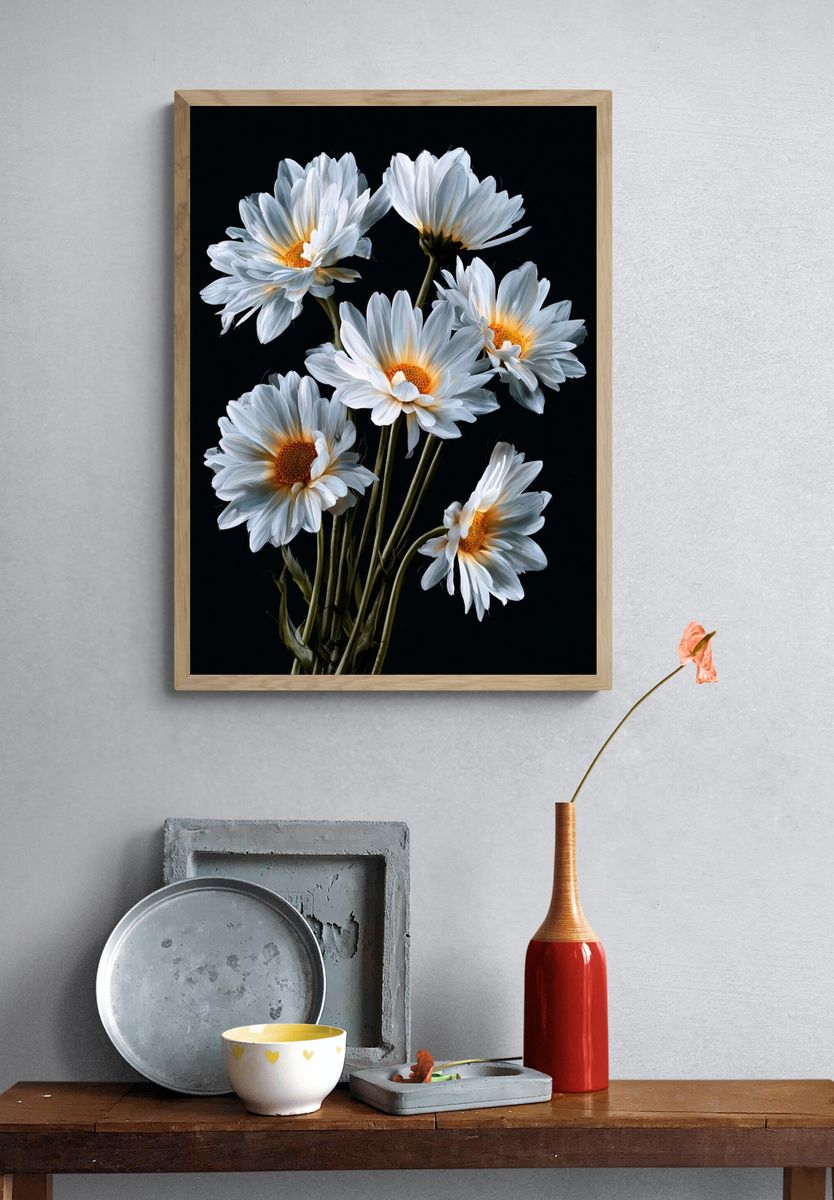 White Daisies on Black Background Poster. — room view 3