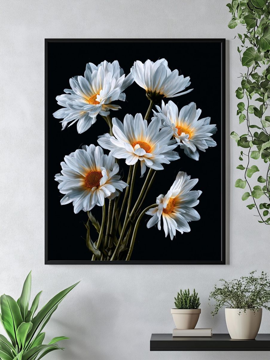 White Daisies on Black Background Poster. — room view 4